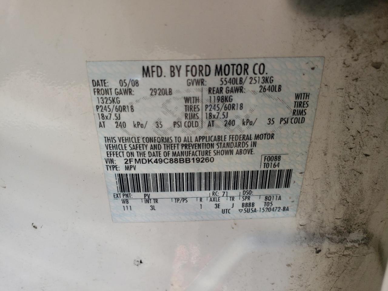 Photo 10 from auction – 2008 FORD EDGE LIMIT with VIN 2FMDK49C88BB19260