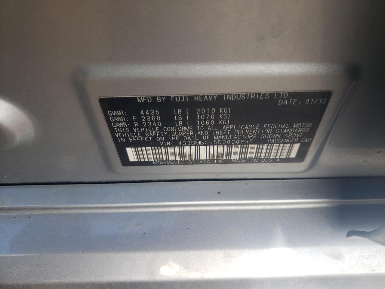 Photo 10 from auction – 2013 SUBARU LEGACY 2.5 with VIN 4S3BMBC65D3030835