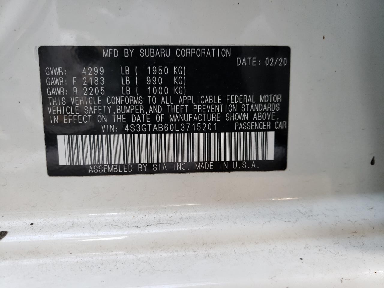 Photo 10 from auction – 2020 SUBARU IMPREZA with VIN 4S3GTAB60L3715201