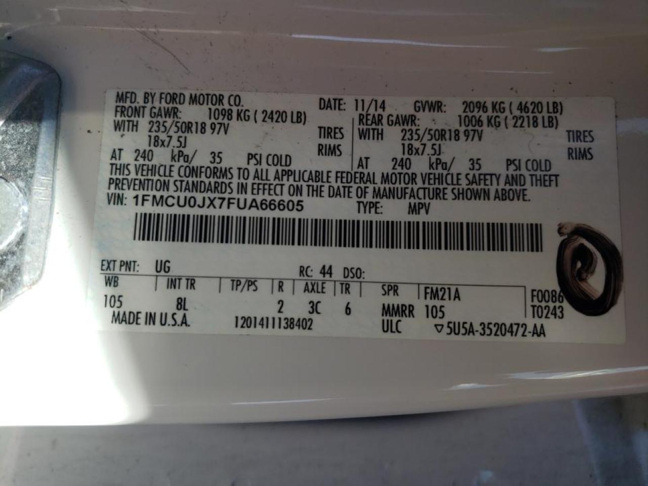 Photo 10 from auction – 2015 FORD ESCAPE TIT with VIN 1FMCU0JX7FUA66605