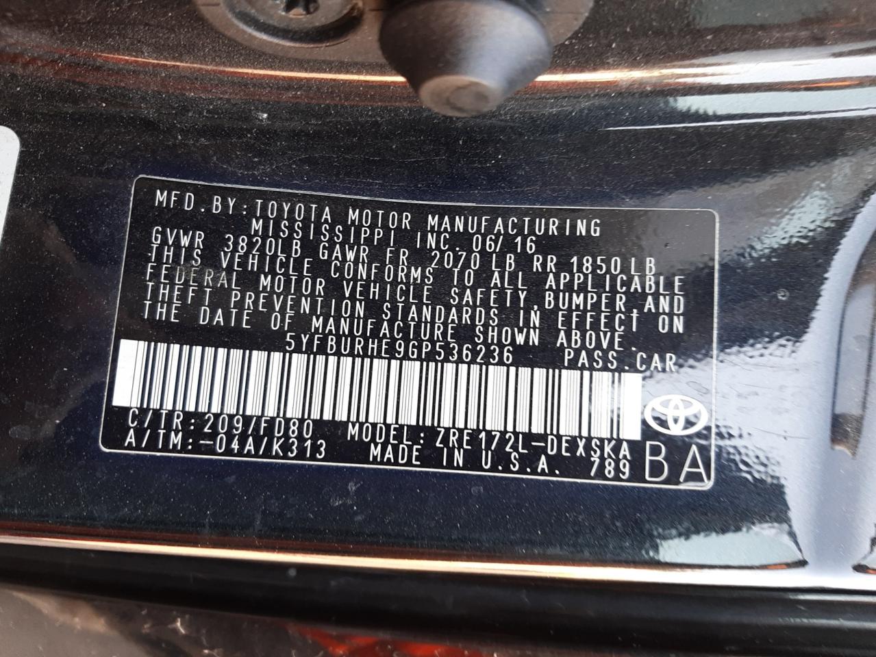 Photo 10 from auction – 2016 TOYOTA COROLLA L with VIN 5YFBURHE9GP536236