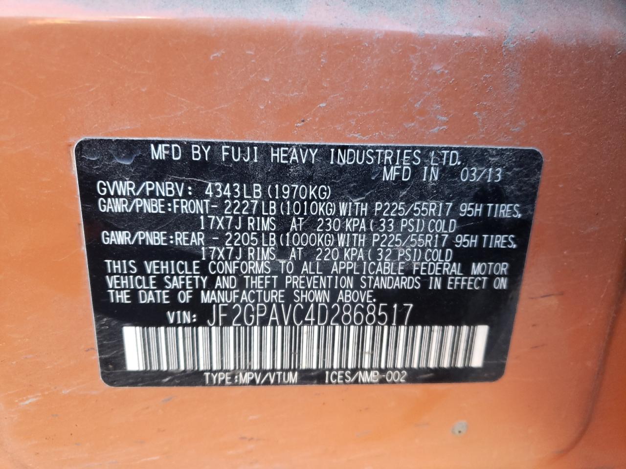 Photo 10 from auction – 2013 SUBARU XV CROSSTR with VIN JF2GPAVC4D2868517