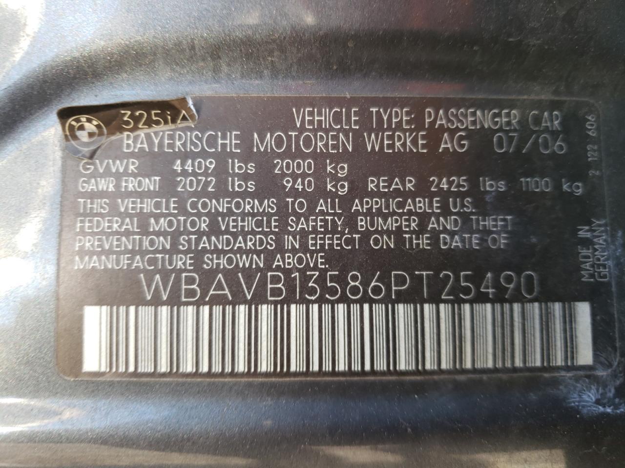 Photo 10 from auction – 2006 BMW 325 I with VIN WBAVB13586PT25490