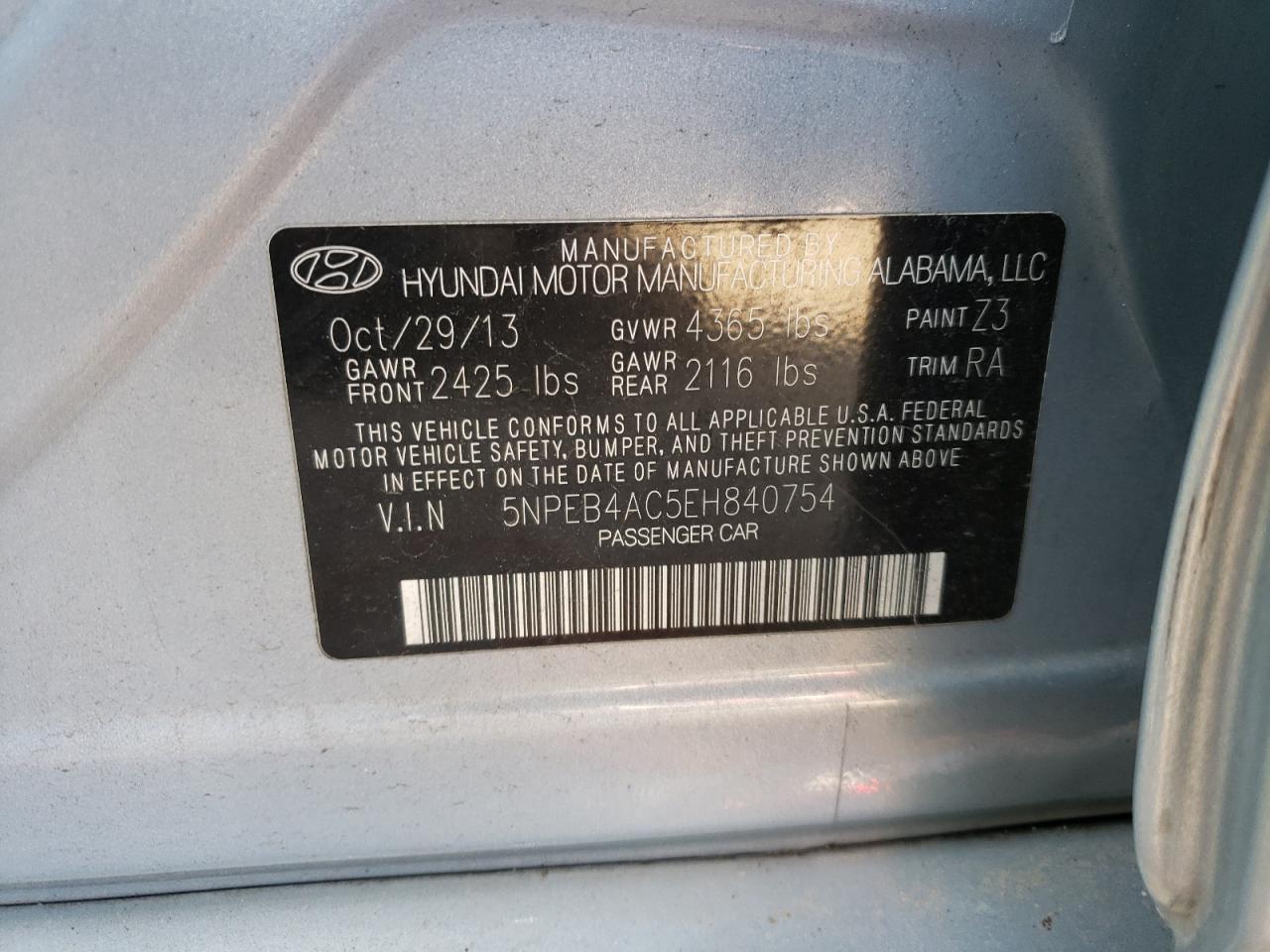 Photo 10 from auction – 2014 HYUNDAI SONATA GLS with VIN 5NPEB4AC5EH840754