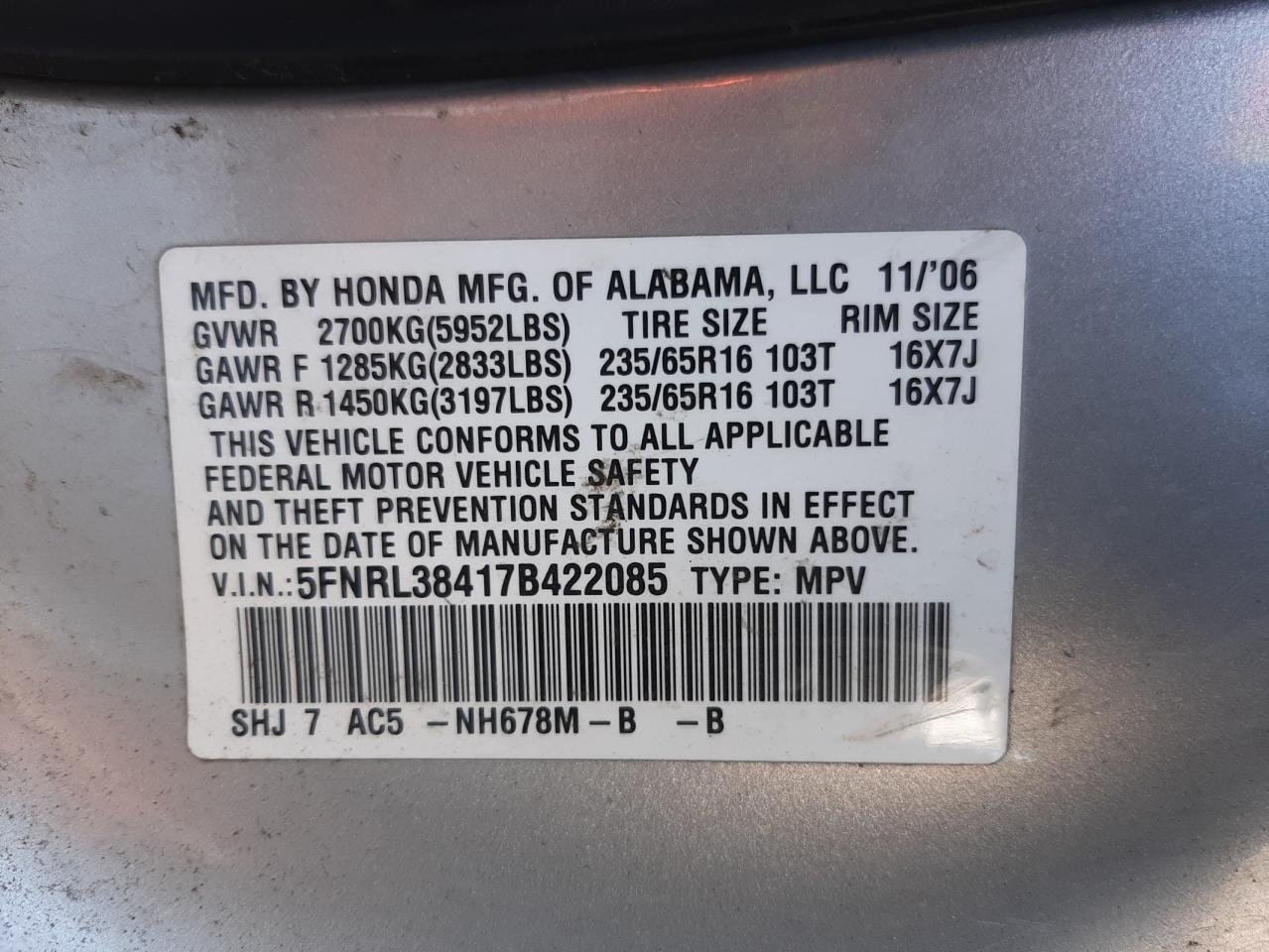 Photo 10 from auction – 2007 HONDA ODYSSEY EX with VIN 5FNRL38417B422085