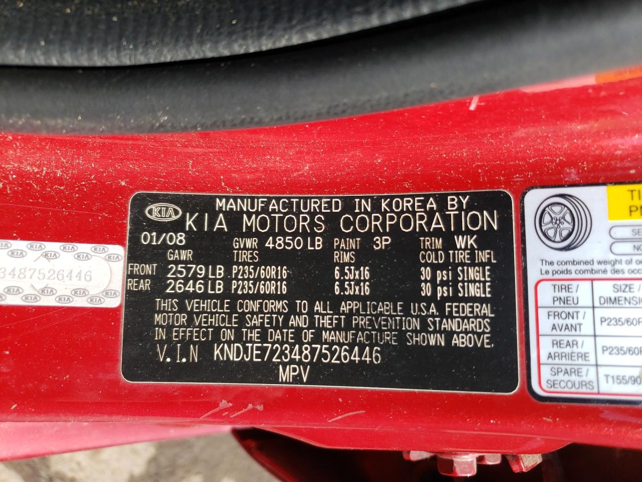 Photo 10 from auction – 2008 KIA SPORTAGE E with VIN KNDJE723487526446