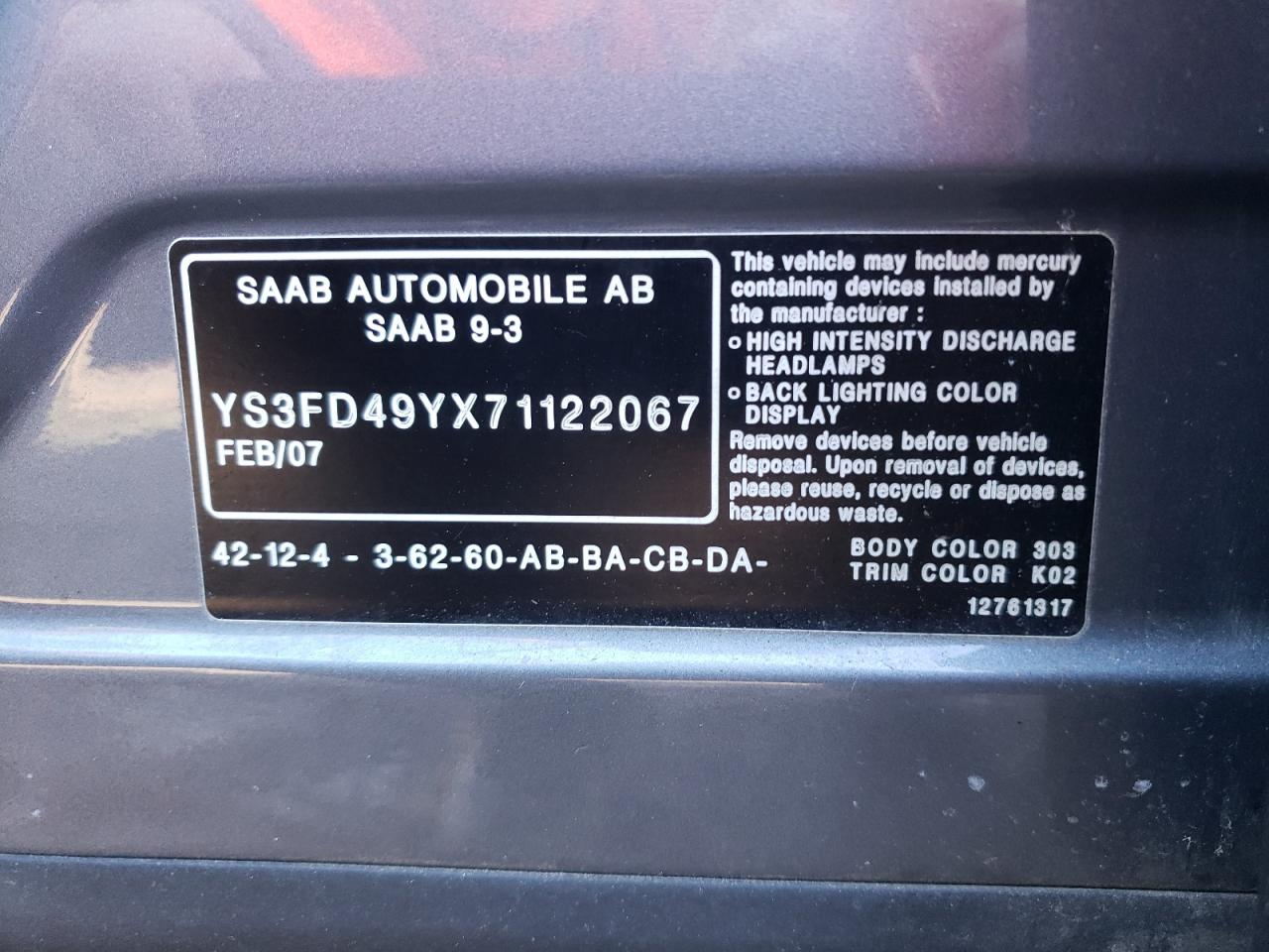 Photo 10 from auction – 2007 SAAB 9-3 2.0T with VIN YS3FD49YX71122067