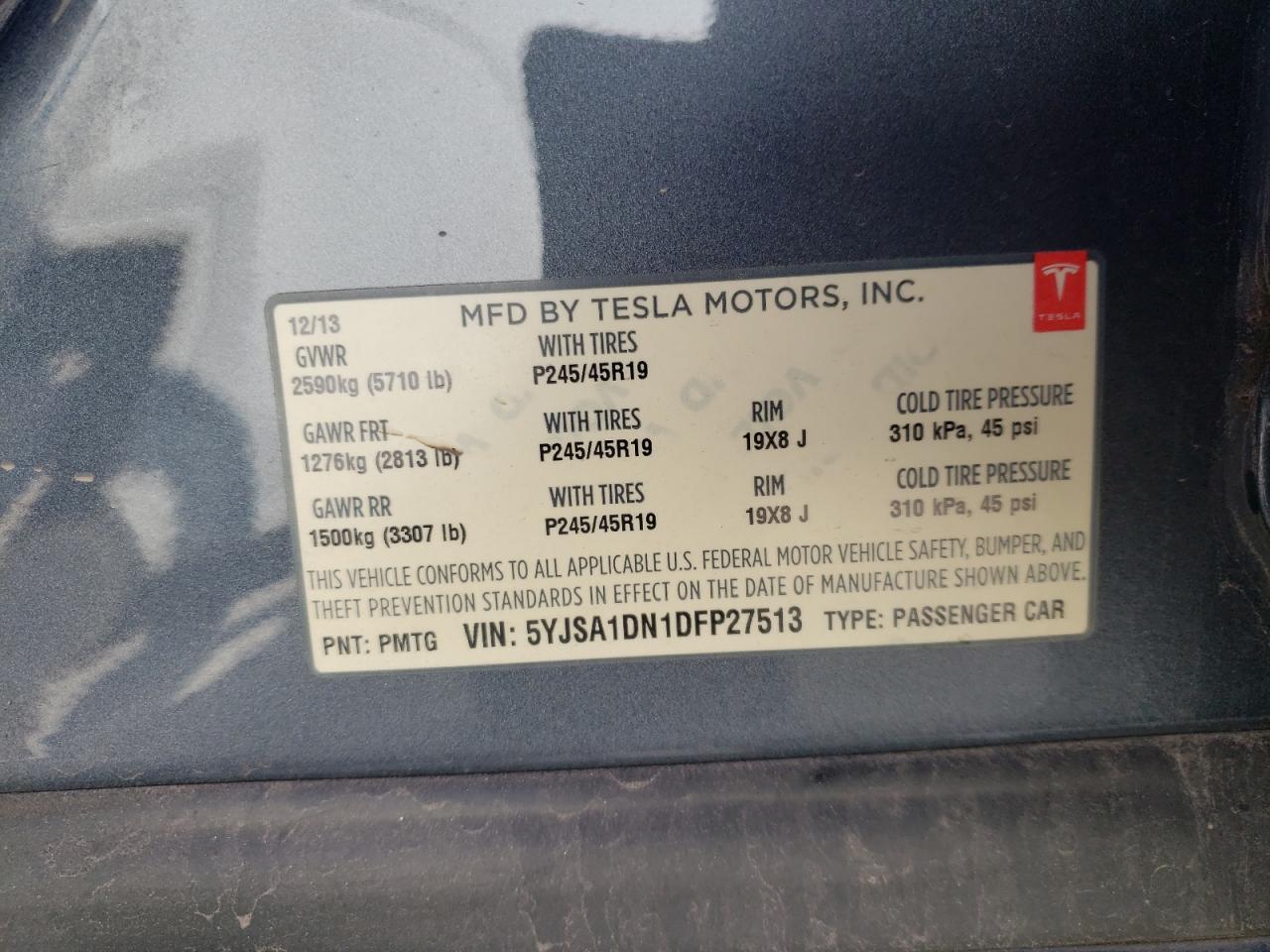 Photo 10 from auction – 2013 TESLA MODEL S with VIN 5YJSA1DN1DFP27513