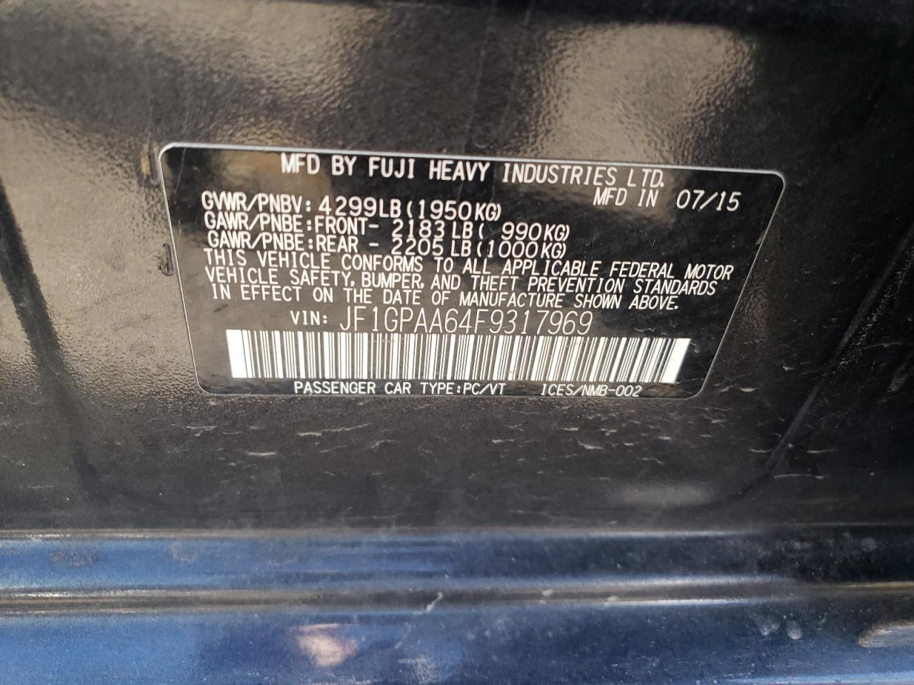 Photo 10 from auction – 2015 SUBARU IMPREZA with VIN JF1GPAA64F9317969