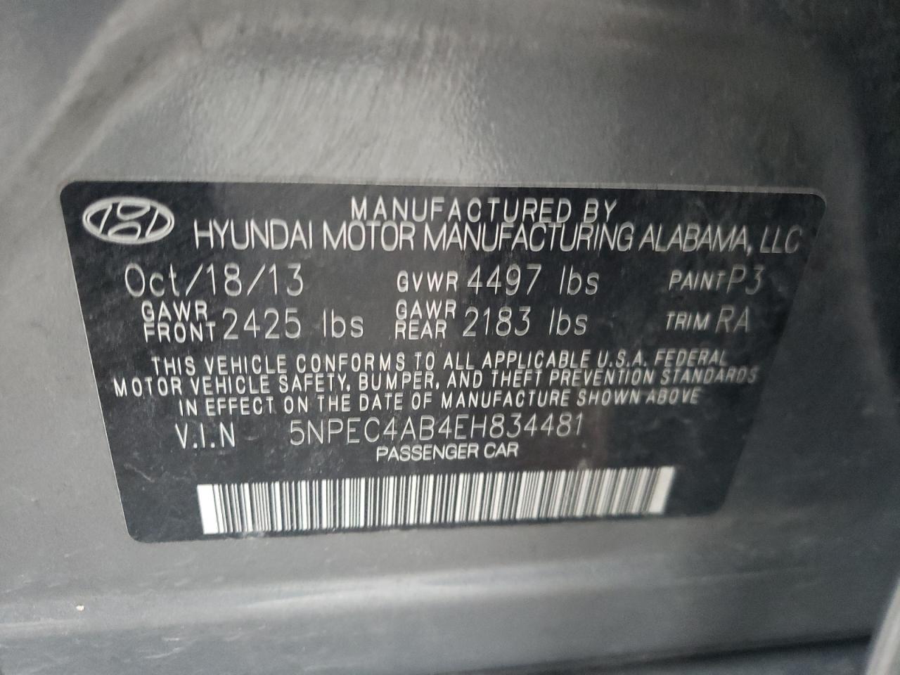 Photo 10 from auction – 2014 HYUNDAI SONATA SE with VIN 5NPEC4AB4EH834481