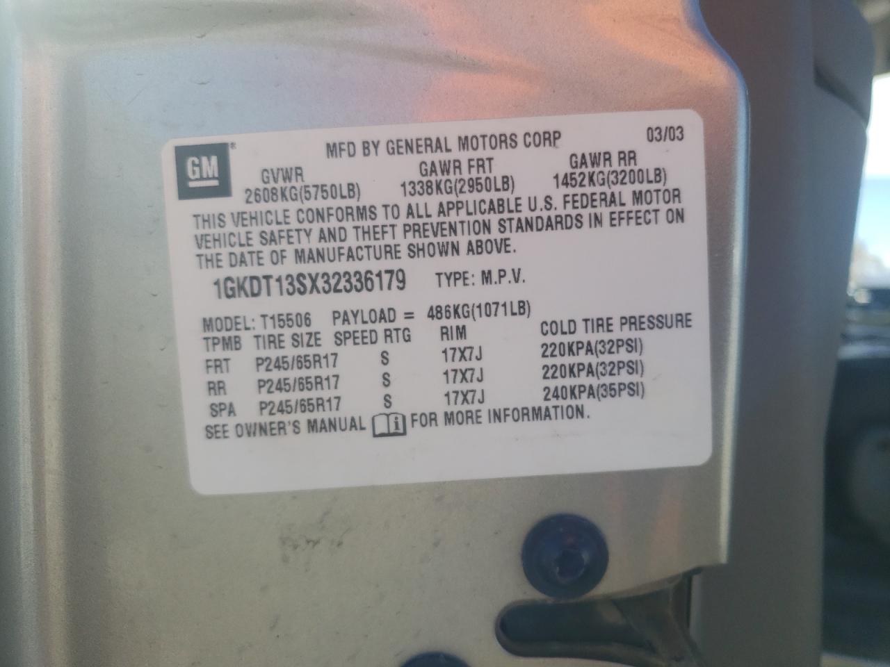 Photo 10 from auction – 2003 GMC ENVOY SLE with VIN 1GKDT13SX32336179