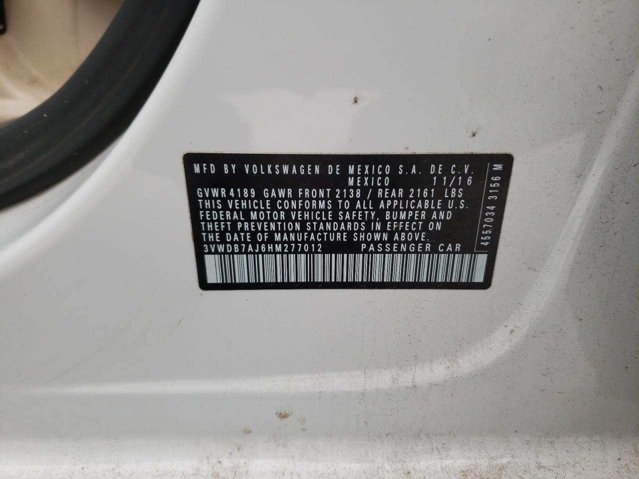 Photo 10 from auction – 2017 VOLKSWAGEN JETTA SE with VIN 3VWDB7AJ6HM277012