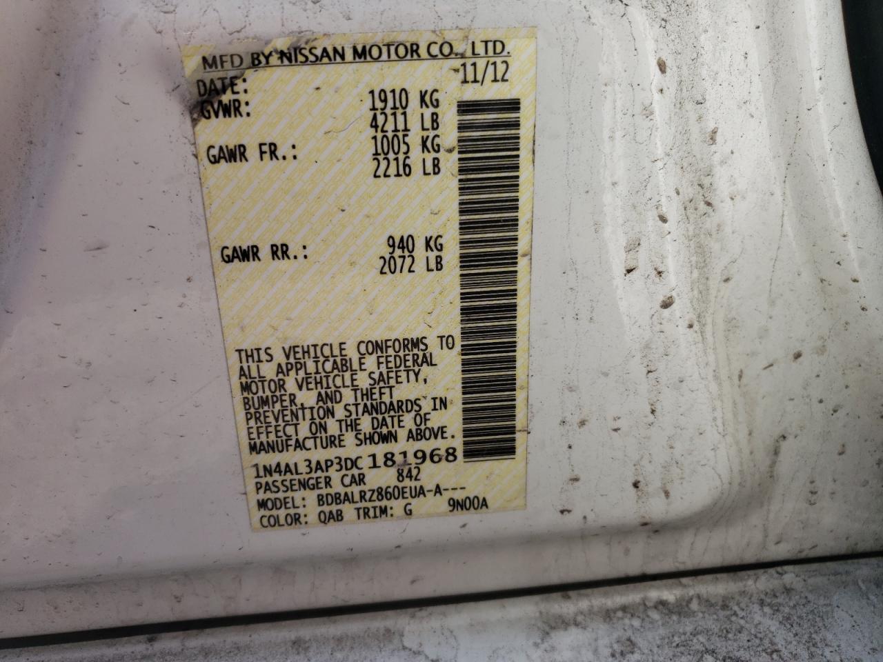 Photo 10 from auction – 2013 NISSAN ALTIMA 2.5 with VIN 1N4AL3AP3DC181968