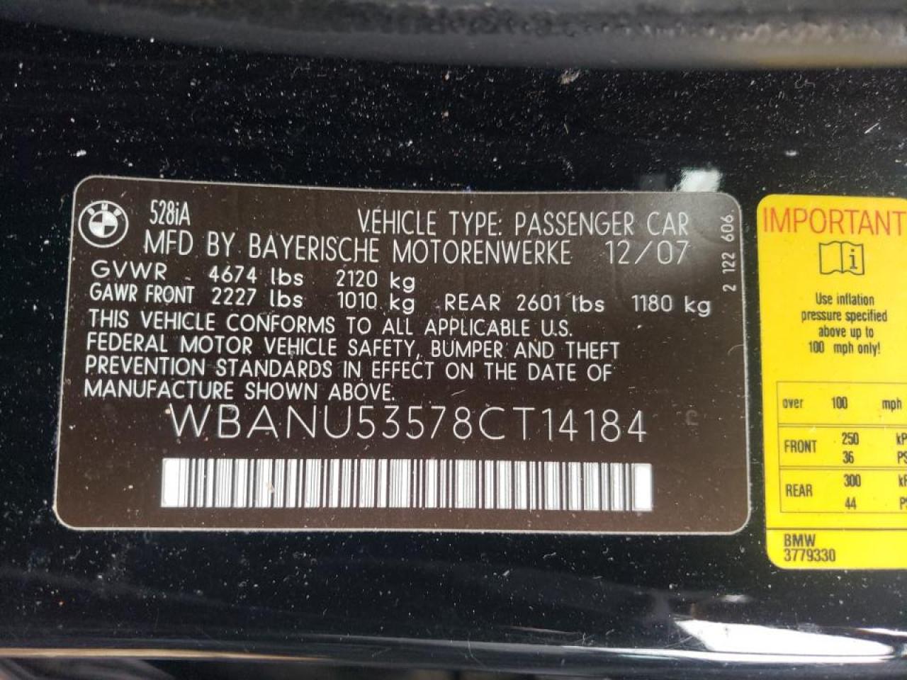 Photo 10 from auction – 2008 BMW 528 I with VIN WBANU53578CT14184
