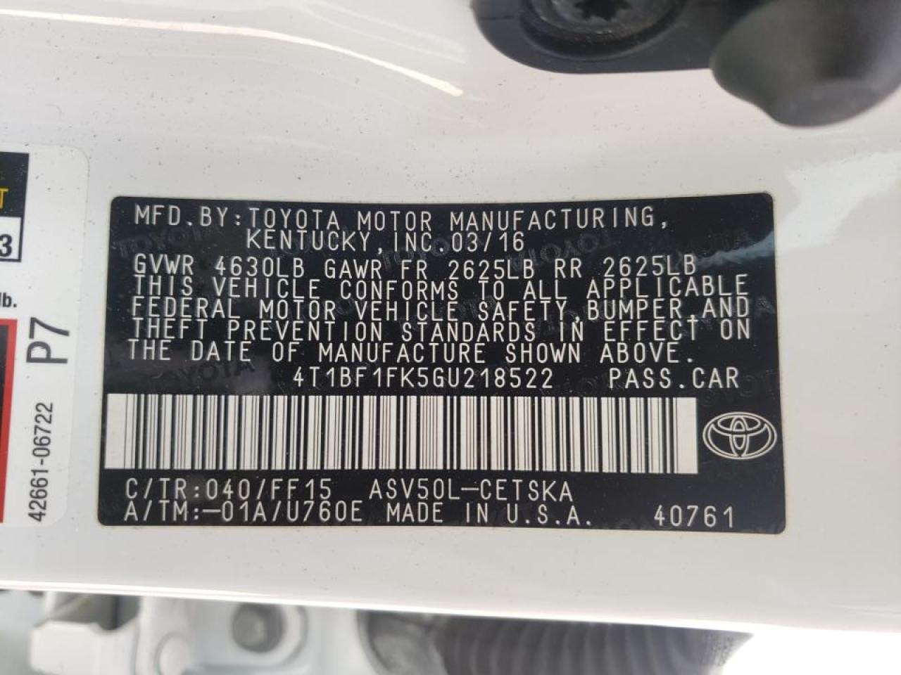 Photo 10 from auction – 2016 TOYOTA CAMRY LE with VIN 4T1BF1FK5GU218522