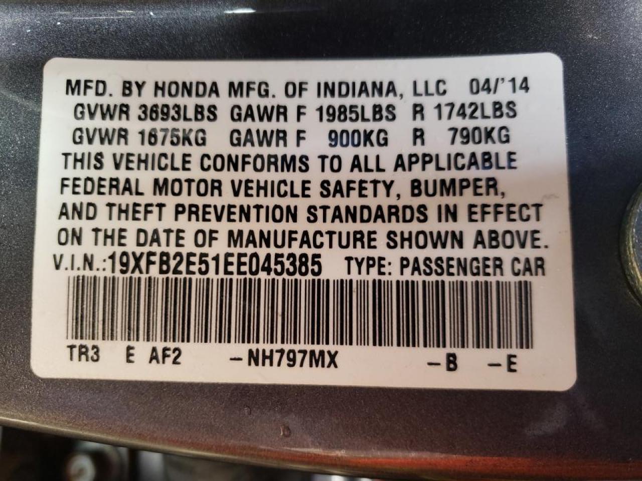 Photo 10 from auction – 2014 HONDA CIVIC LX with VIN 19XFB2E51EE045385