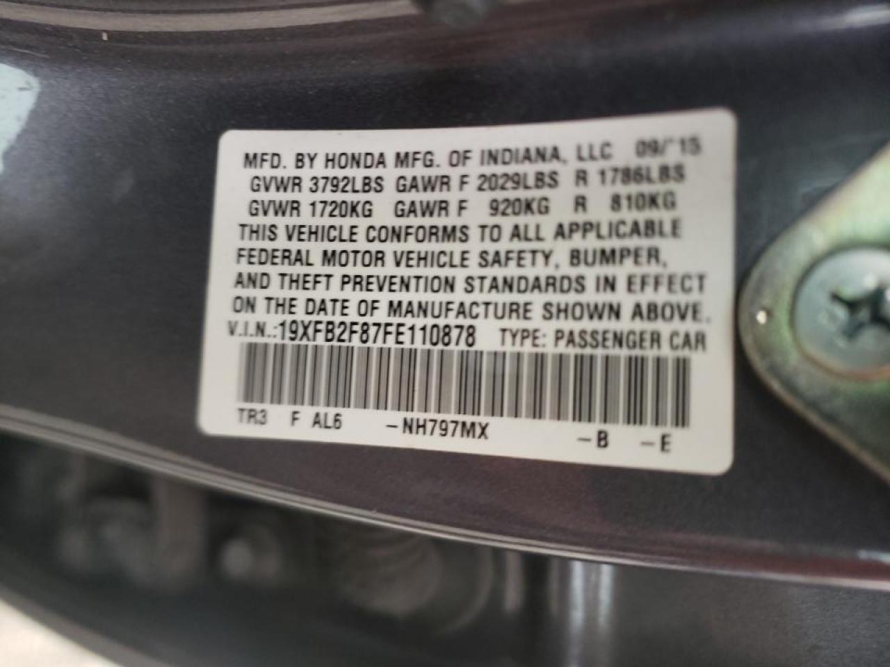 Photo 10 from auction – 2015 HONDA CIVIC EX with VIN 19XFB2F87FE110878