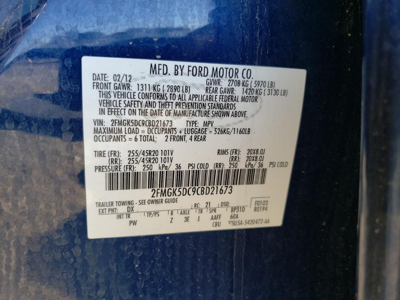 Photo 10 from auction – 2012 FORD FLEX LIMIT with VIN 2FMGK5DC9CBD21673