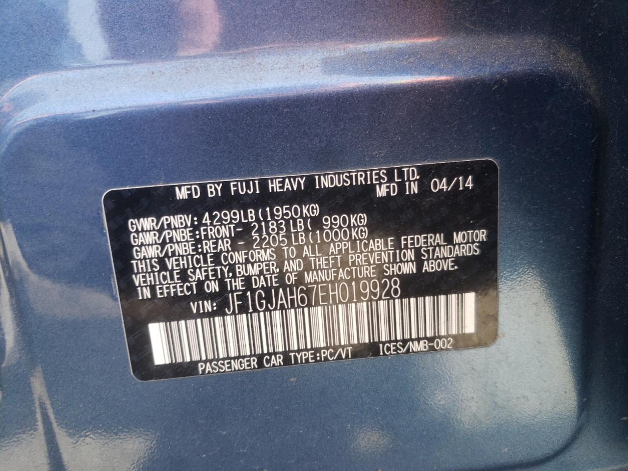 Photo 10 from auction – 2014 SUBARU IMPREZA LI with VIN JF1GJAH67EH019928