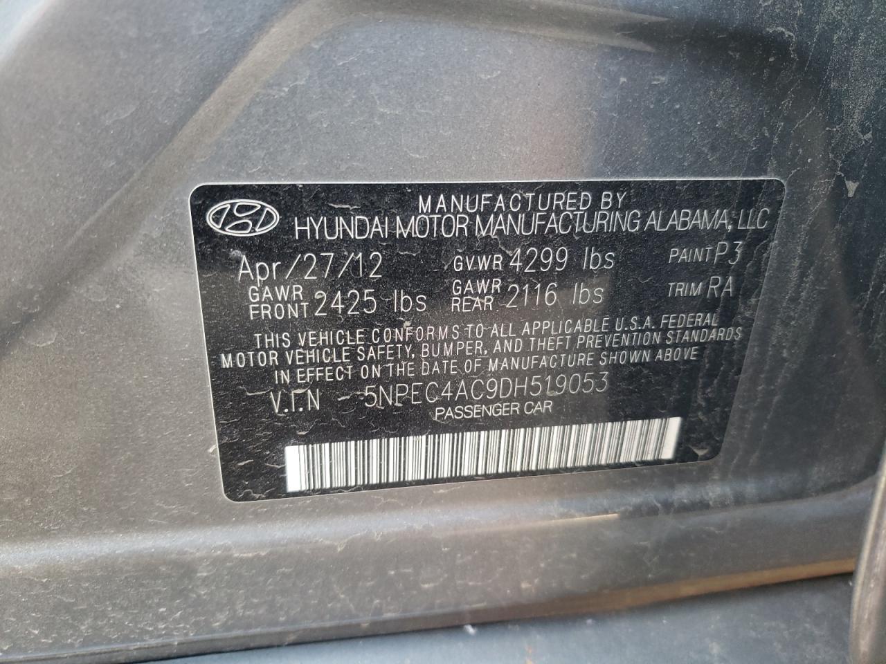 Photo 10 from auction – 2013 HYUNDAI SONATA with VIN 5NPEC4AC9DH519053