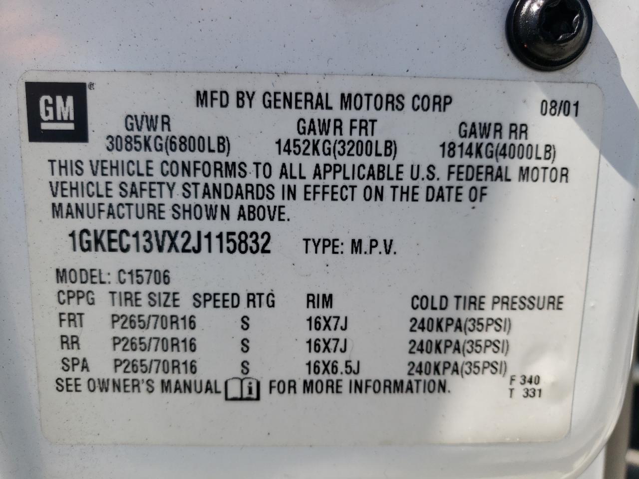 Photo 10 from auction – 2002 GMC YUKON with VIN 1GKEC13VX2J115832