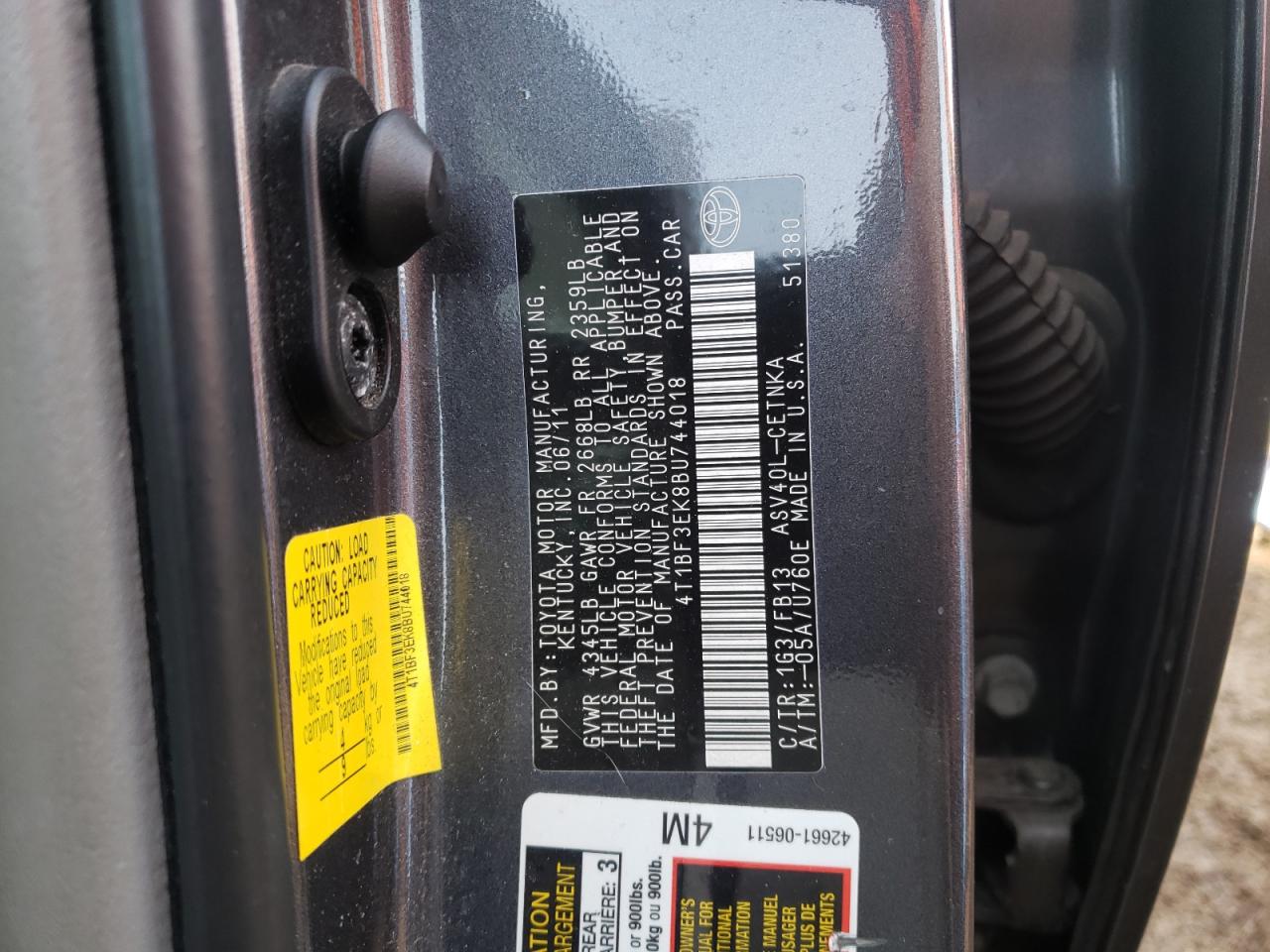 Photo 10 from auction – 2011 TOYOTA CAMRY BASE with VIN 4T1BF3EK8BU744018