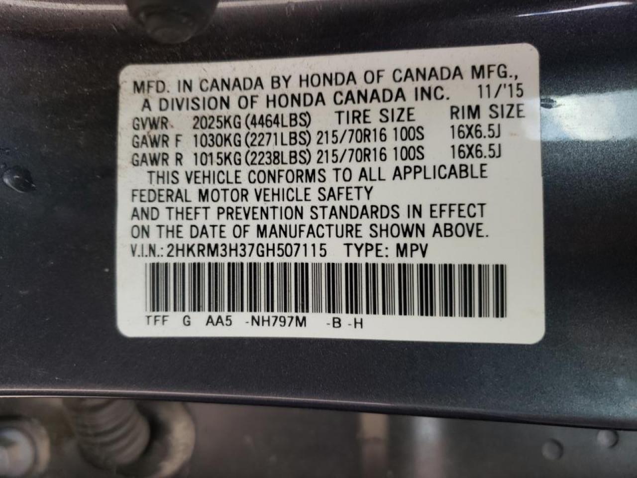 Photo 10 from auction – 2016 HONDA CR-V LX with VIN 2HKRM3H37GH507115