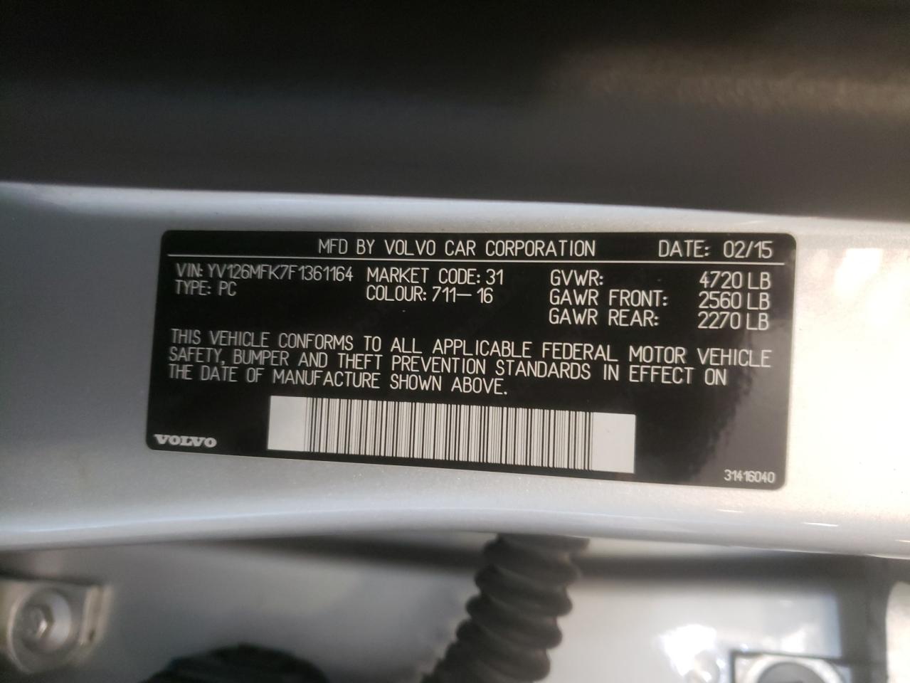 Photo 10 from auction – 2015 VOLVO S60 PREMIE with VIN YV126MFK7F1361164