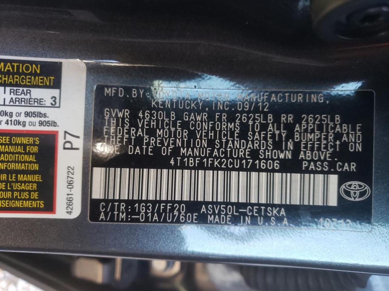 Photo 10 from auction – 2012 TOYOTA CAMRY SE A with VIN 4T1BF1FK2CU171606