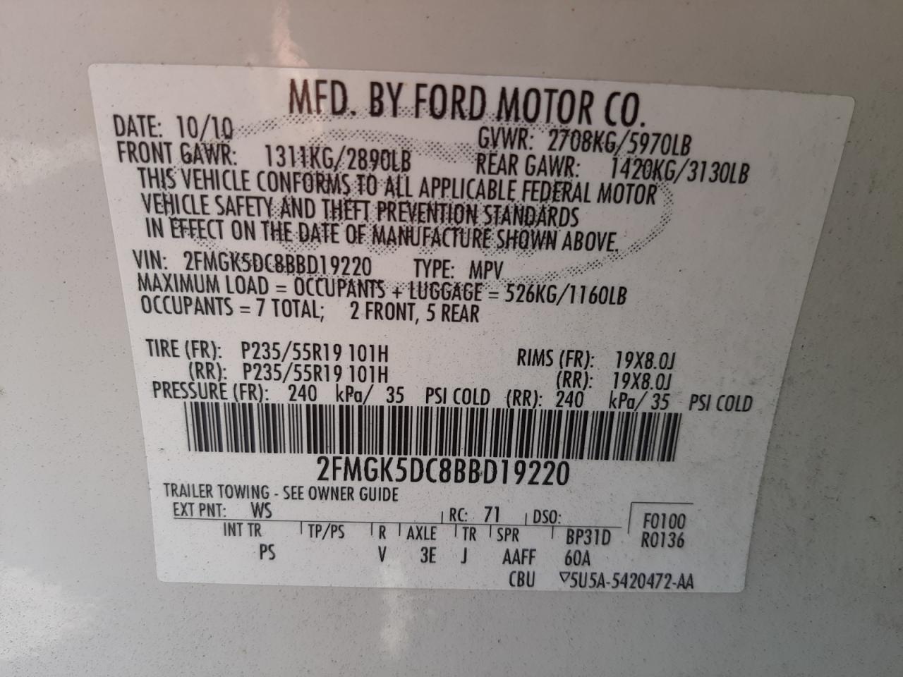 Photo 10 from auction – 2011 FORD FLEX LIMIT with VIN 2FMGK5DC8BBD19220