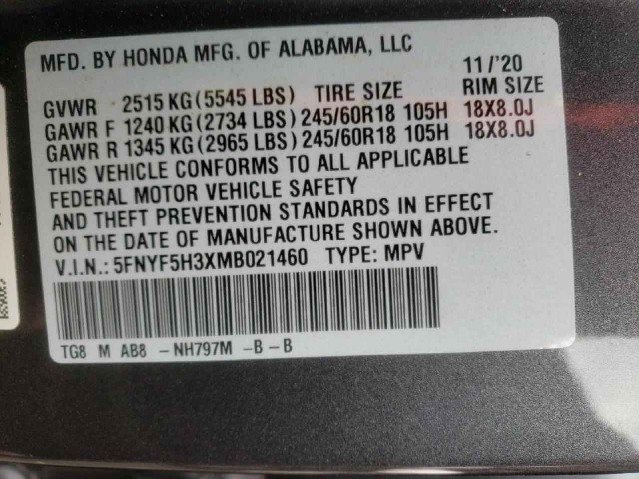 Photo 10 from auction – 2021 HONDA PILOT EX with VIN 5FNYF5H3XMB021460