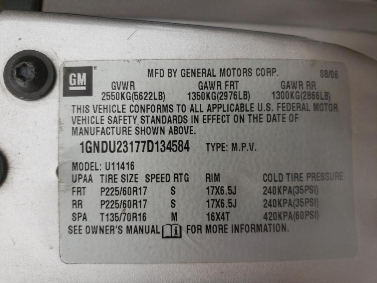 Zdjęcie 10 z aukcji – 2007 CHEVROLET UPLANDER L z VIN 1GNDU23177D134584