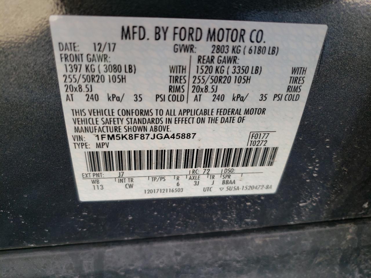 Photo 10 from auction – 2018 FORD EXPLORER L with VIN 1FM5K8F87JGA45887