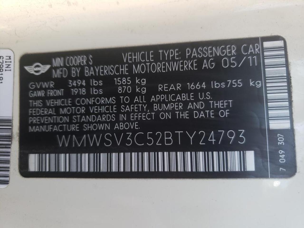 Photo 10 from auction – 2011 MINI COOPER S with VIN WMWSV3C52BTY24793