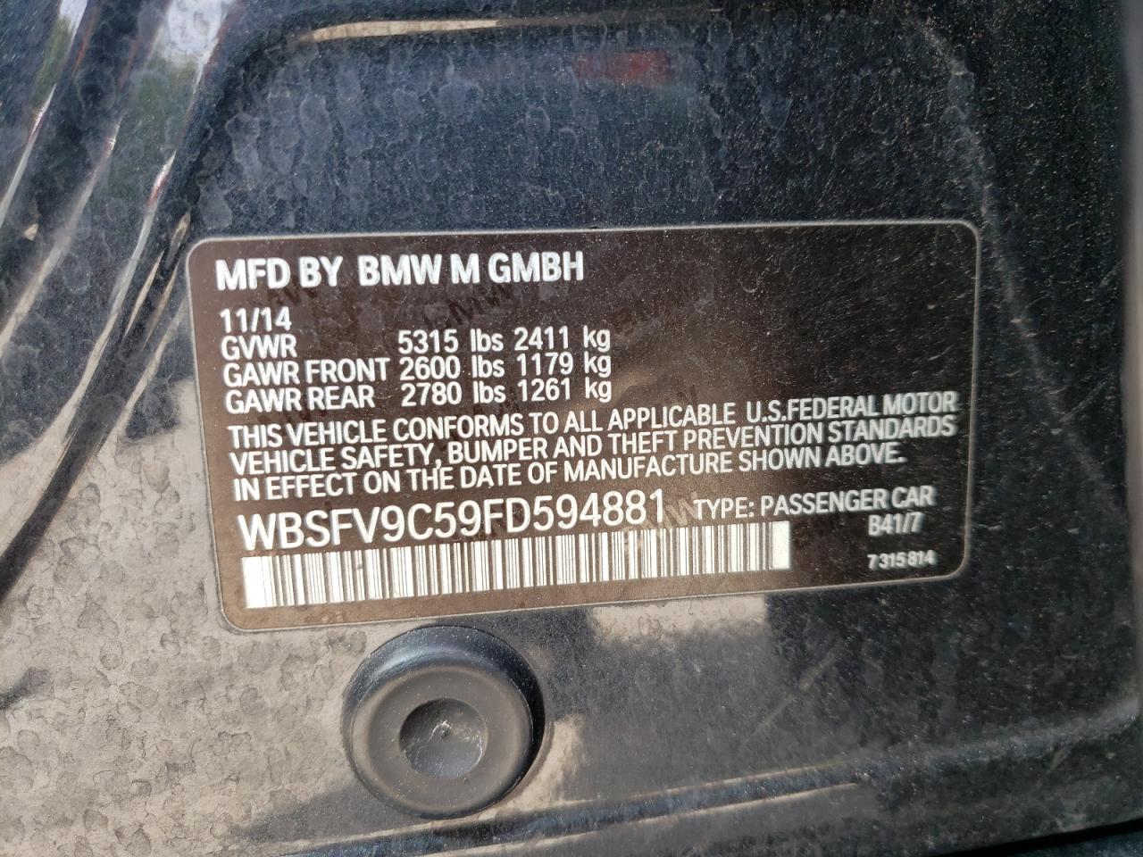 Photo 10 from auction – 2015 BMW M5 with VIN WBSFV9C59FD594881