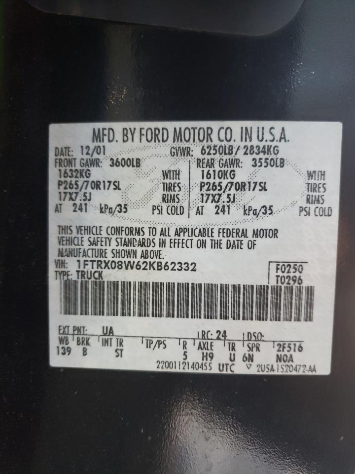 Photo 10 from auction – 2002 FORD F150 with VIN 1FTRX08W62KB62332