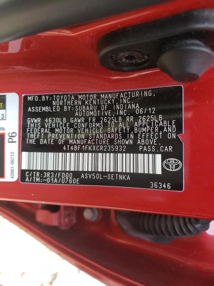 Photo 10 from auction – 2012 TOYOTA CAMRY BASE with VIN 4T4BF1FKXCR235932