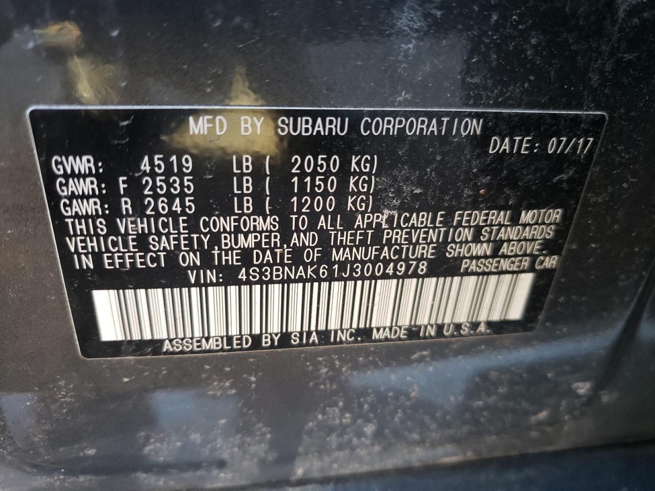 Photo 10 from auction – 2018 SUBARU LEGACY 2.5 with VIN 4S3BNAK61J3004978