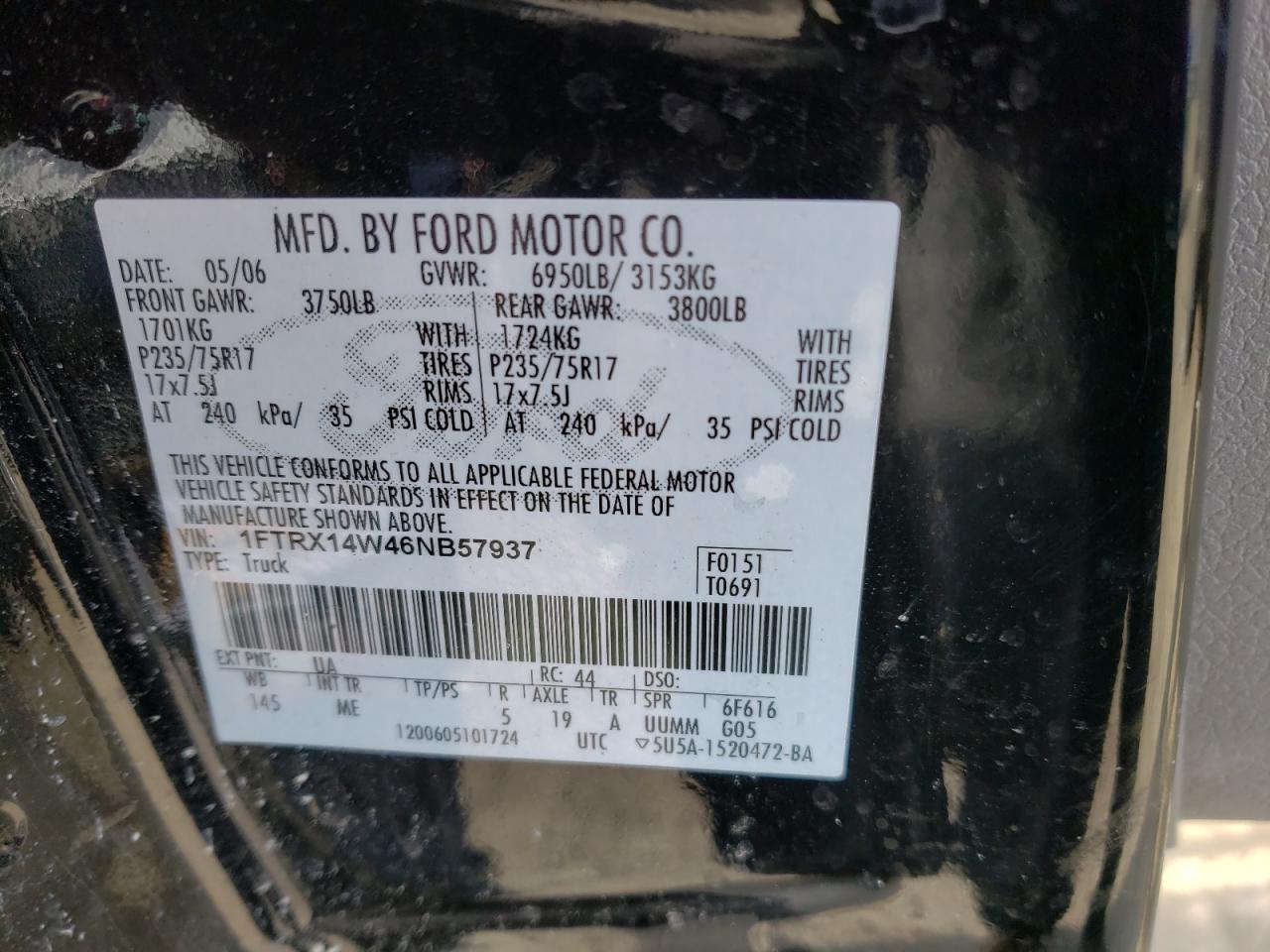 Photo 10 from auction – 2006 FORD F150 with VIN 1FTRX14W46NB57937