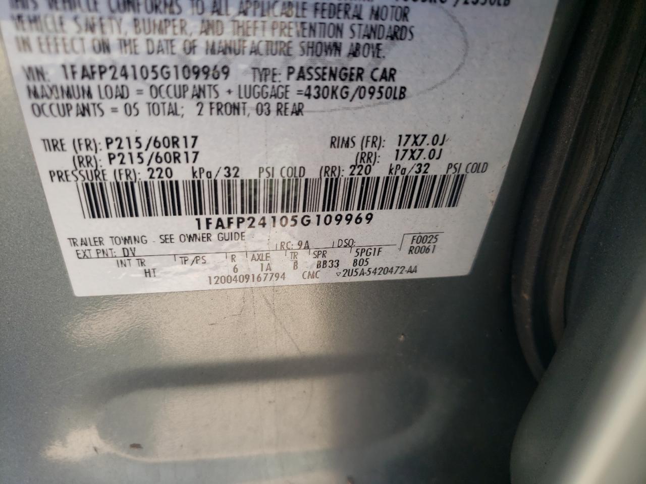 Photo 10 from auction – 2005 FORD FIVE HUNDR with VIN 1FAFP24105G109969
