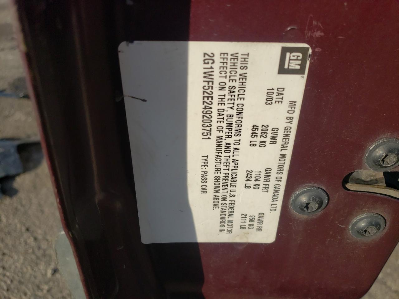 Photo 10 from auction – 2004 CHEVROLET IMPALA with VIN 2G1WF52E249203751