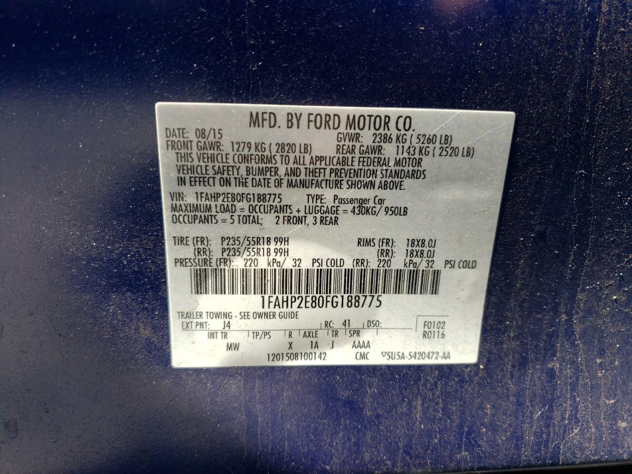 Photo 10 from auction – 2015 FORD TAURUS SEL with VIN 1FAHP2E80FG188775