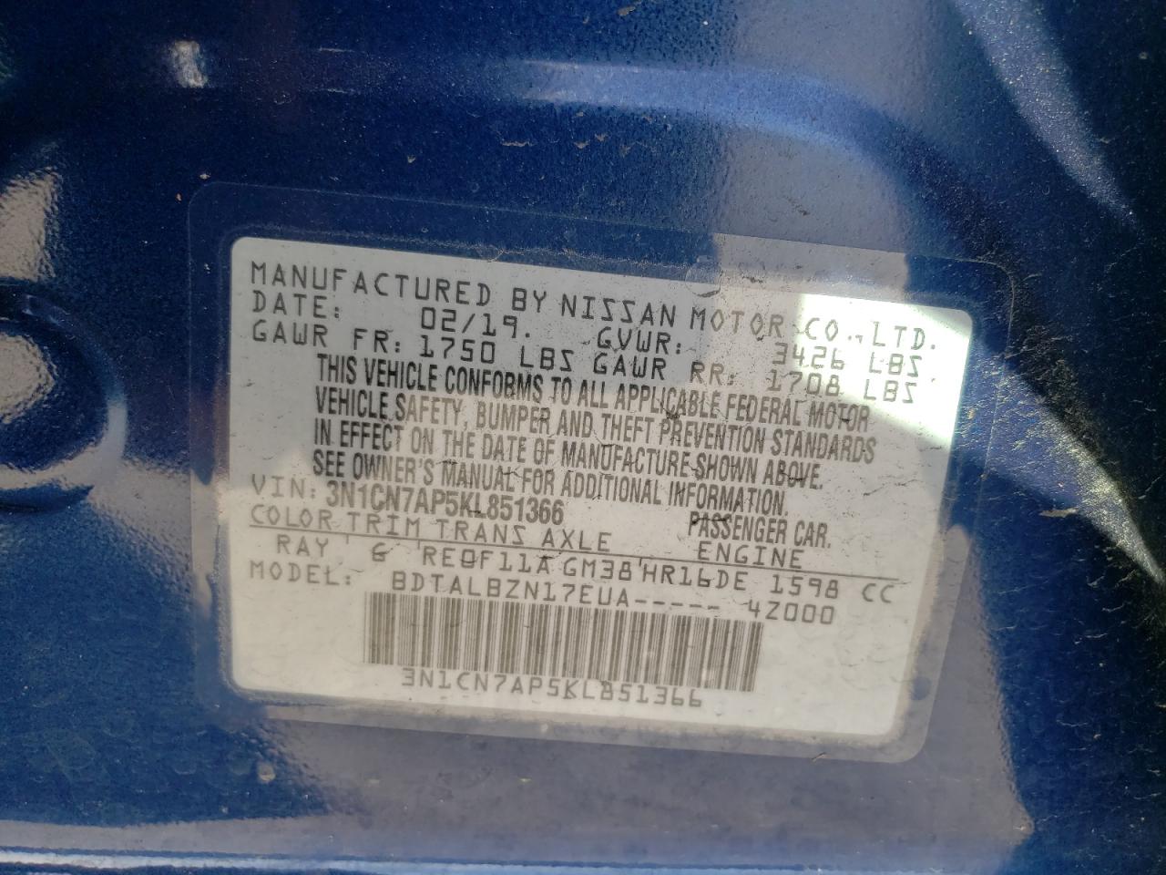 Photo 10 from auction – 2019 NISSAN VERSA S with VIN 3N1CN7AP5KL851366