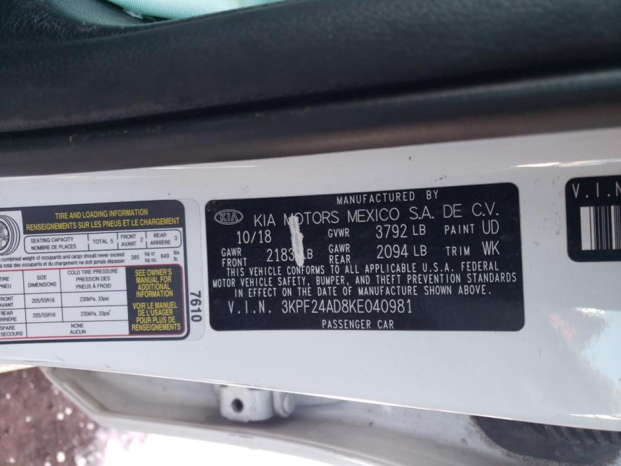 Photo 10 from auction – 2019 KIA FORTE FE with VIN 3KPF24AD8KE040981
