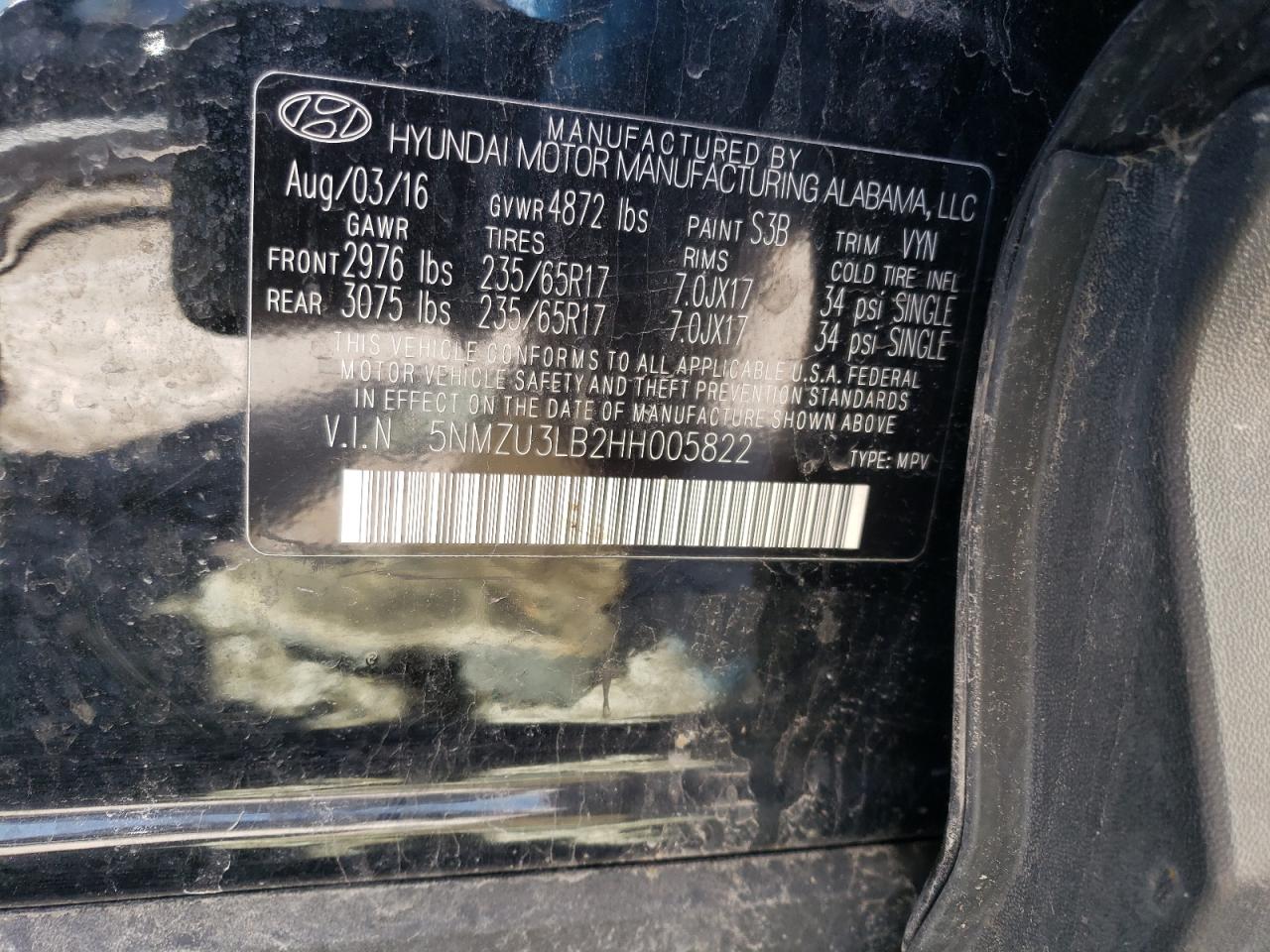 Photo 10 from auction – 2017 HYUNDAI SANTA FE S with VIN 5NMZU3LB2HH005822