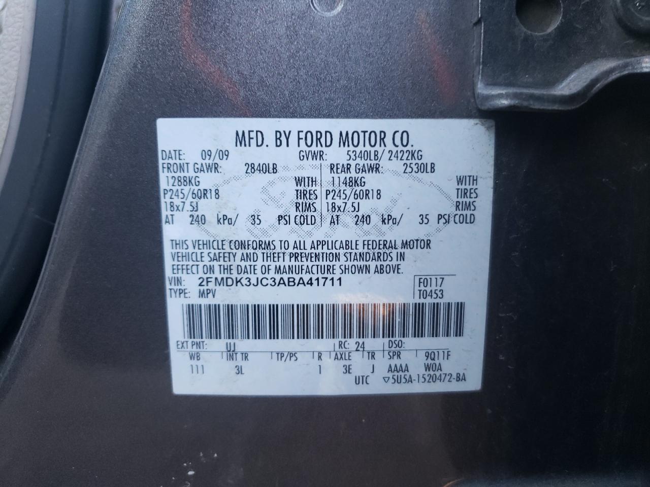 Photo 10 from auction – 2010 FORD EDGE SEL with VIN 2FMDK3JC3ABA41711