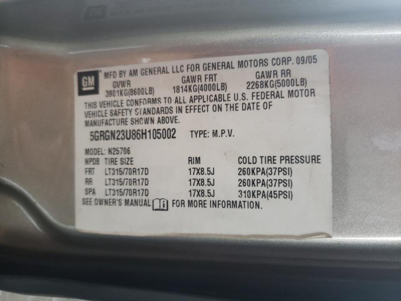 Photo 10 from auction – 2006 HUMMER H2 with VIN 5GRGN23U86H105002