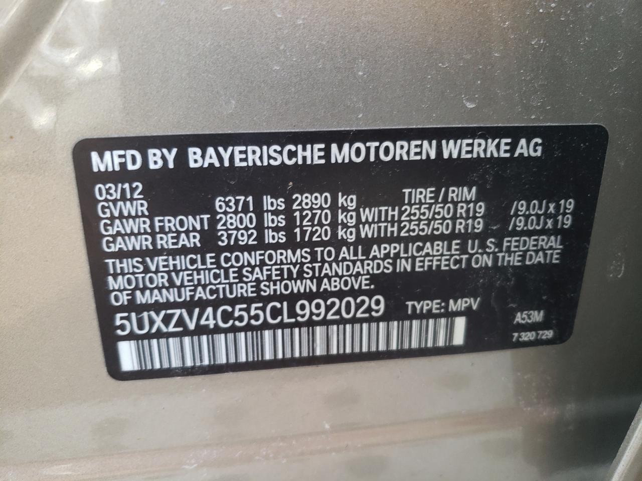 Photo 10 from auction – 2012 BMW X5 XDRIVE3 with VIN 5UXZV4C55CL992029