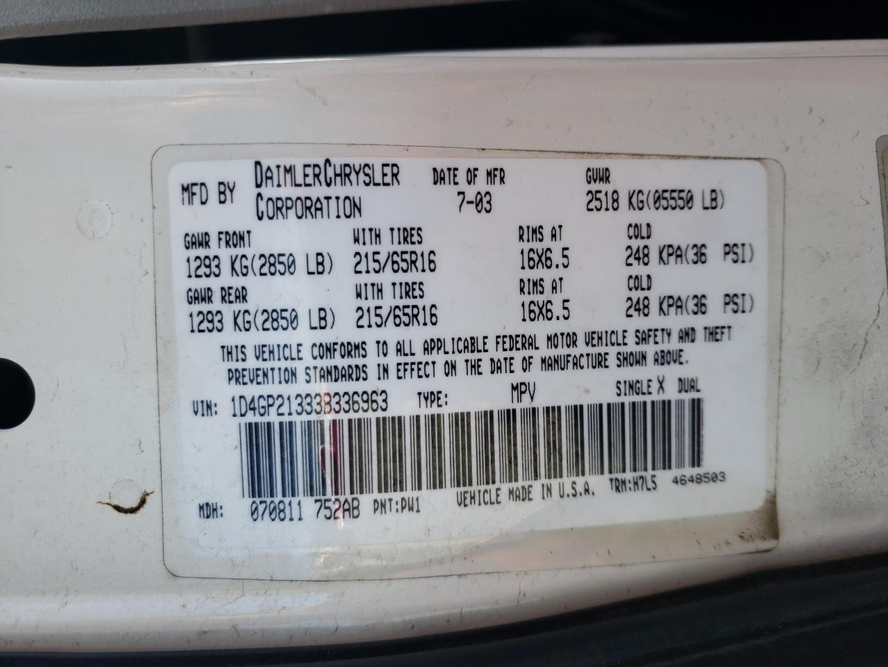 Photo 10 from auction – 2003 DODGE CARAVAN C/ with VIN 1D4GP21333B336963