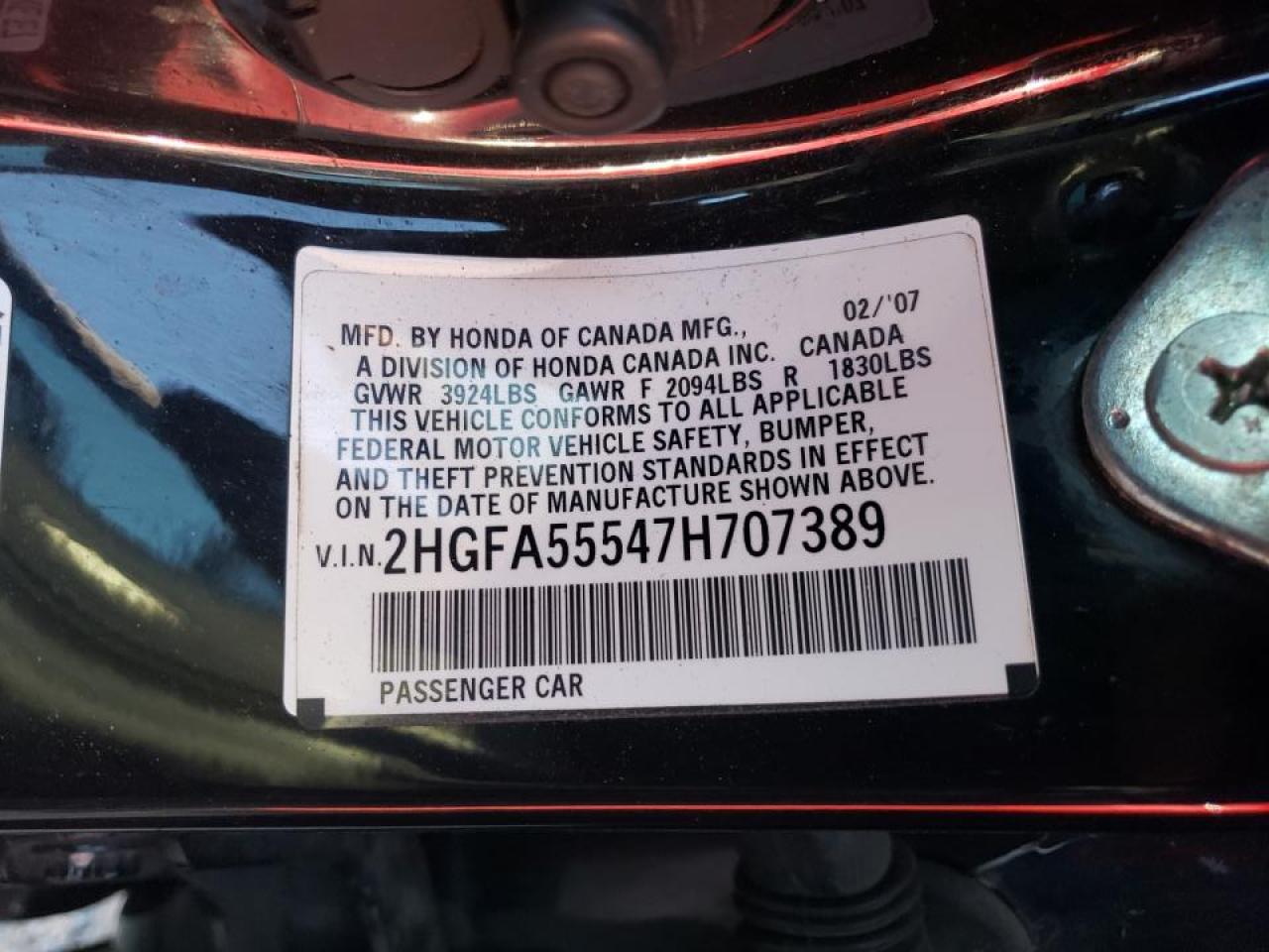 Photo 10 from auction – 2007 HONDA CIVIC SI with VIN 2HGFA55547H707389
